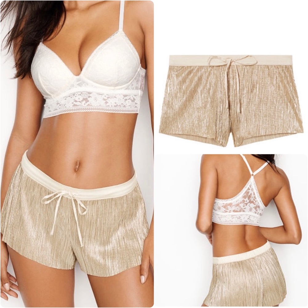 NWT Victoria's Secret Gold Metallic Lounge Short pleated satin sleep